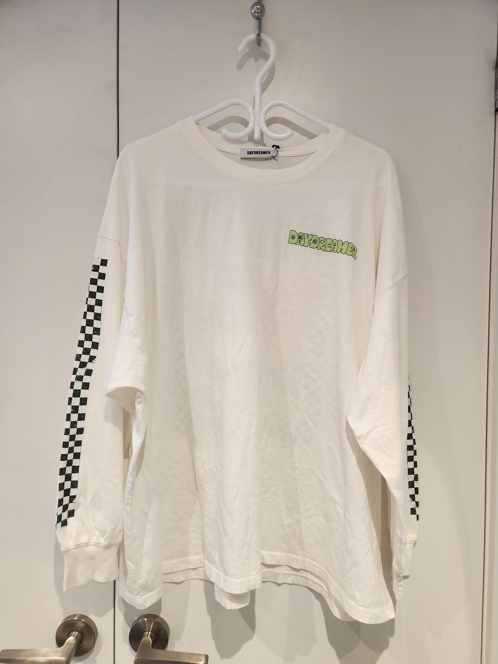 Daydreamer White Long Sleeve Tee with Checkerboard Sleeve Stripes and Lime Logo
